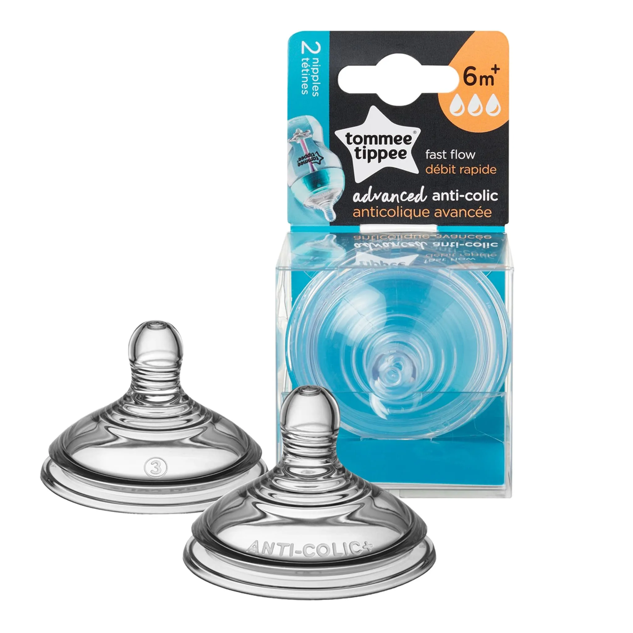 Tommee Tippee Tétine Paquet de 2 Anti-colique Avancée Débit Rapide 6mois+