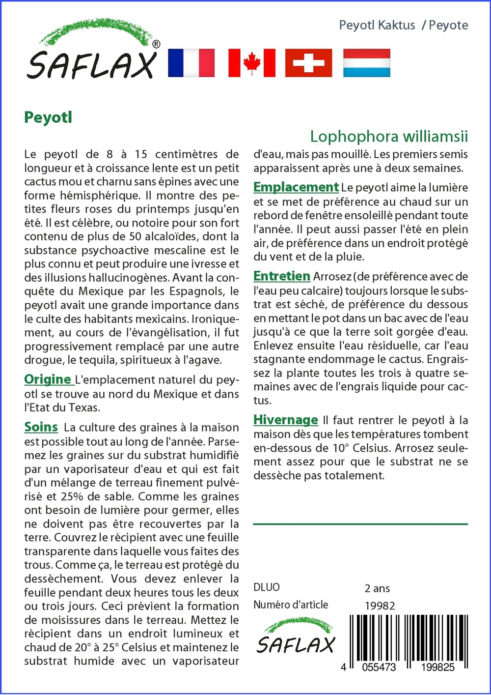 Peyotl - 20 graines - avec substrat - lophophora williamsii