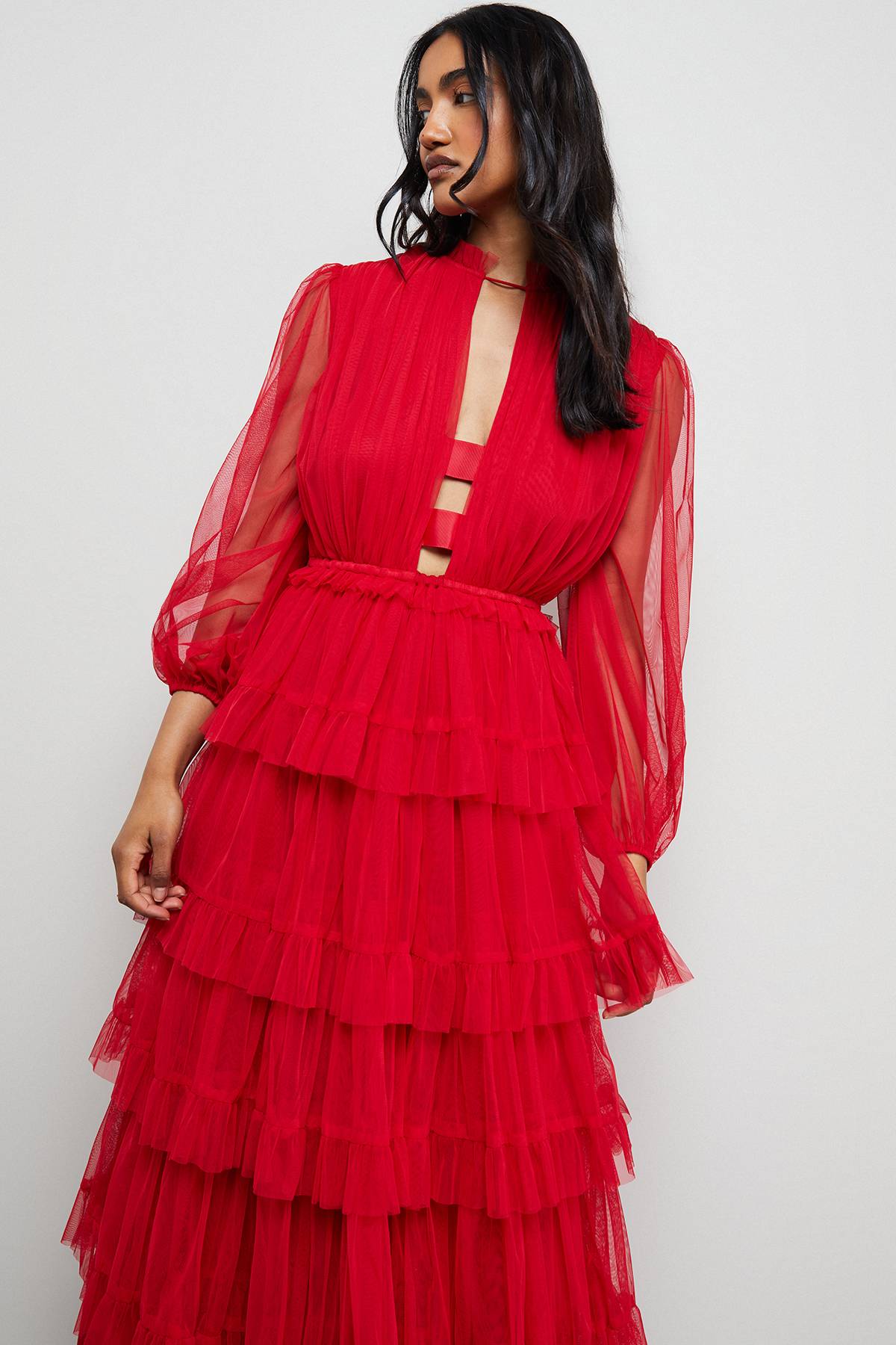 Warehouse Robe Longue en Tulle à Col Volants