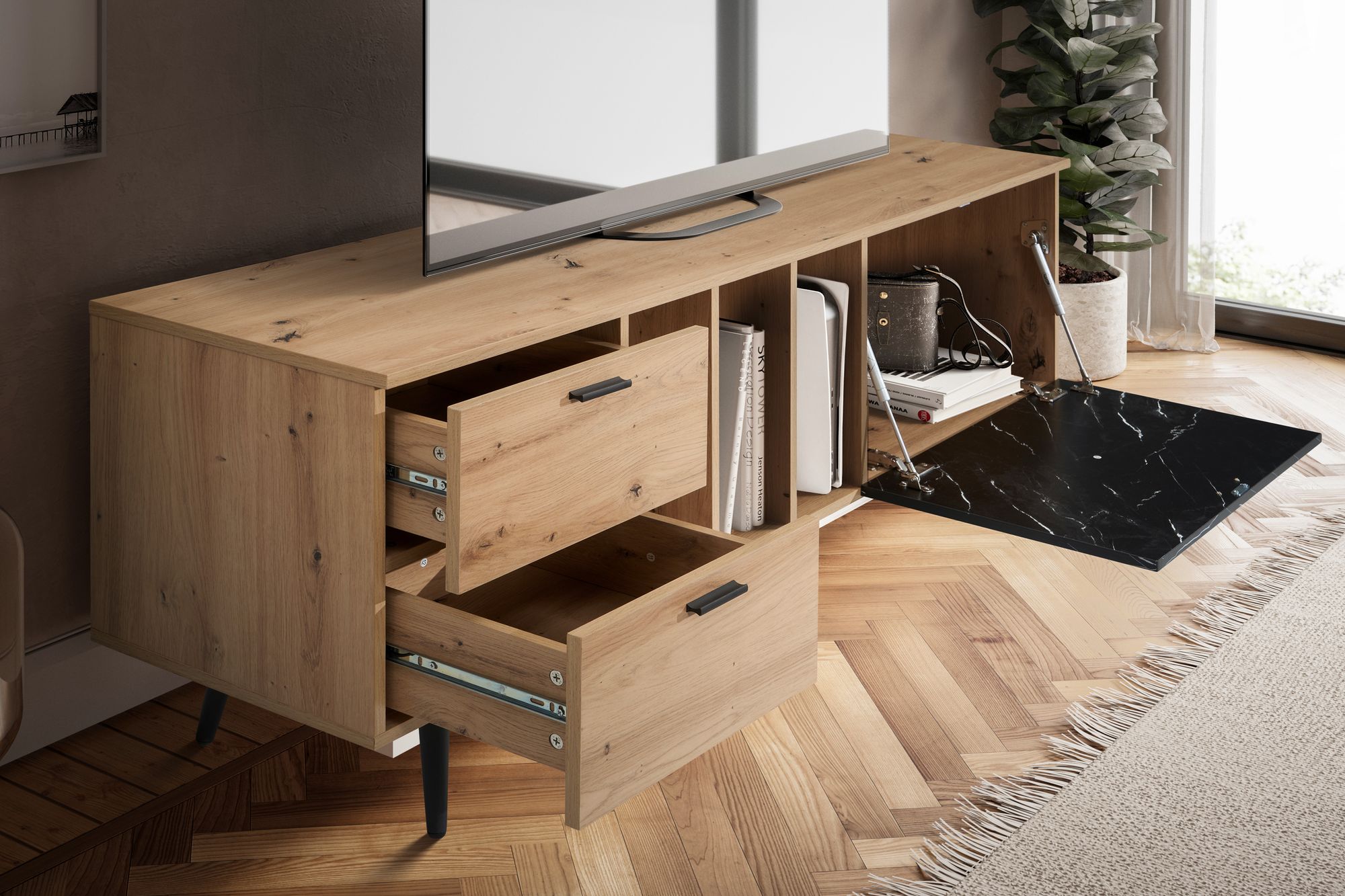 Lowboard FineBuy TV Schrank 150 cm Fernsehtisch Fernsehschrank Marmor Schwarz