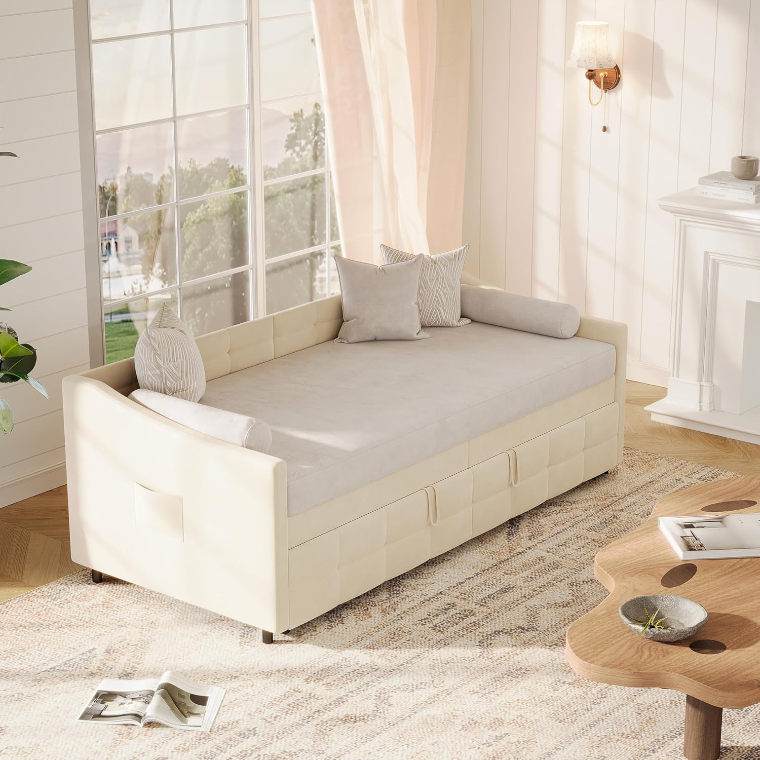 Schlafcouch Ausziehbar, Tagesbett Ausziehbar, Ausziehbett, Schlafcouch 180x200, Flanell, 90/180 x 200 cm, ohne Matratze (Creme)