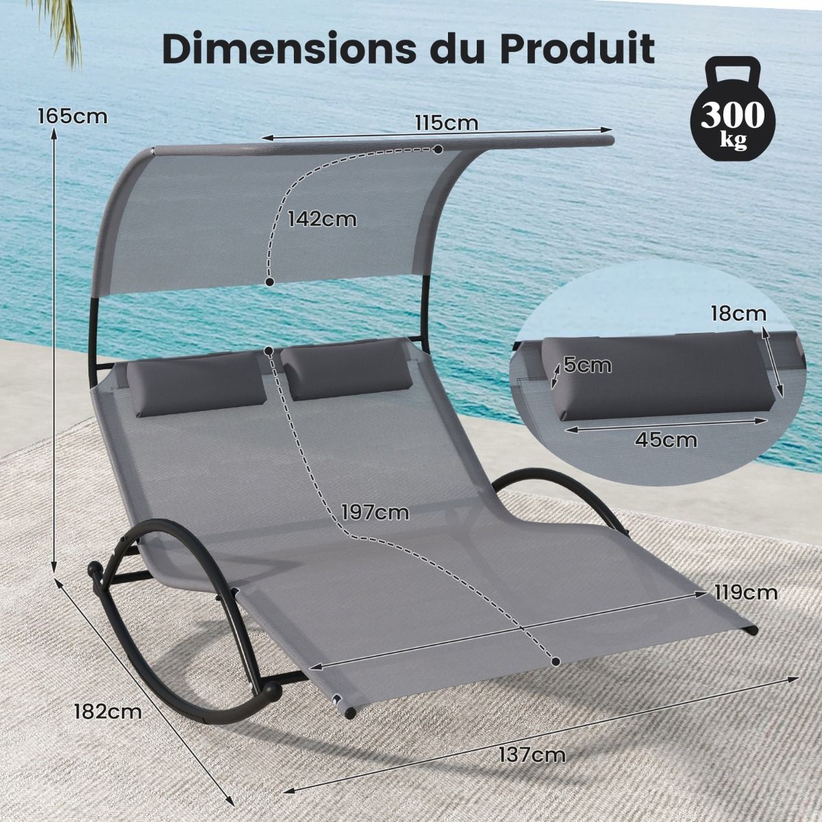Chaise Longue Double Chaise à Bascule pour 2 Personnes 2 Appui-Têtes Amovibles Cadre en Métal Robuste Lit de Repos Ergonomique 2 Places Gris/Noir/Beige - Lidl-Manfred