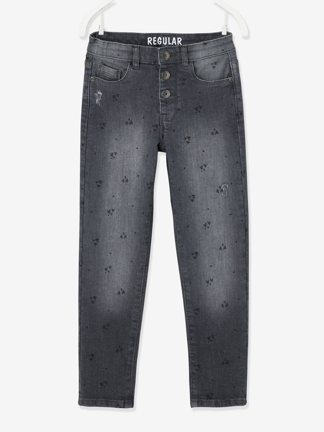 Calça jeans reta com detalhes desgastados, para menina, lavagem azul média