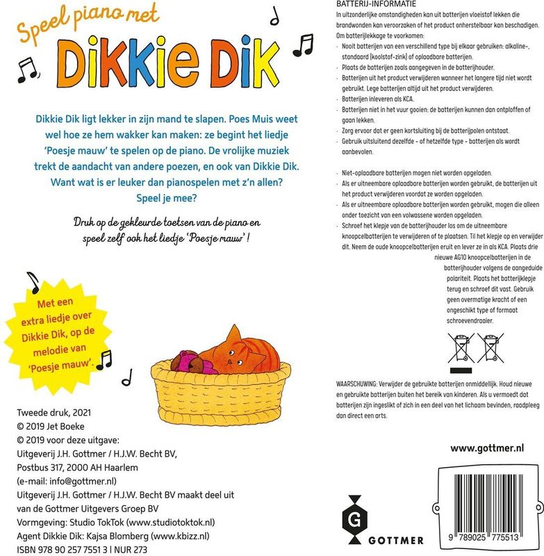 Dikkie Dik - Speel Piano - Geluidenboek - Voor Peuters - Kartonnen Toetsen