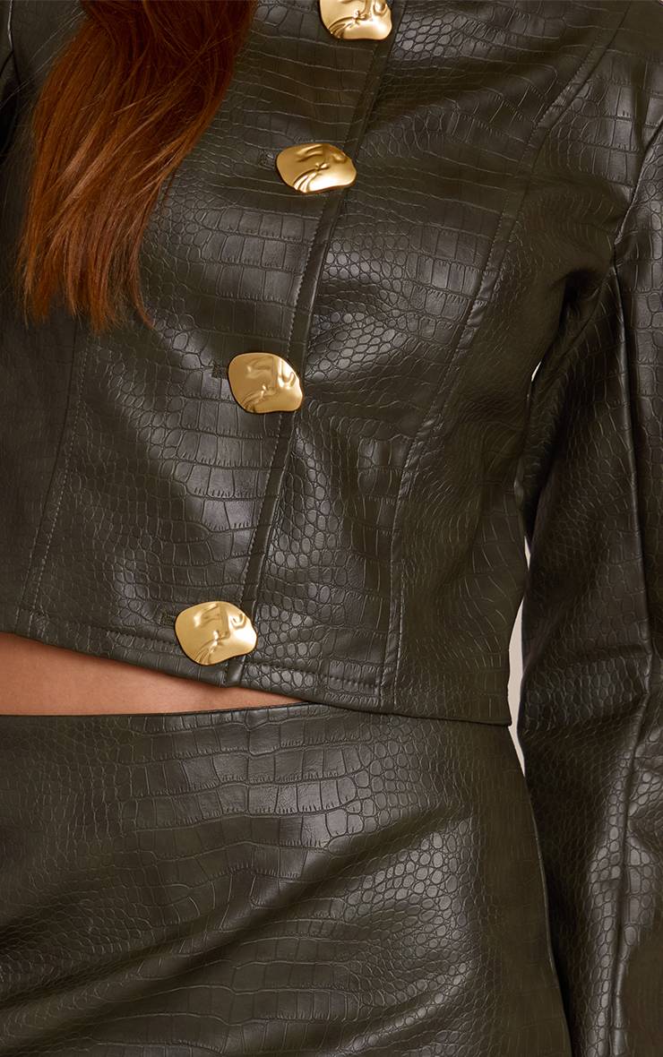 Kaki Veste Courte En Synthétiquecuir Effet Croco Avec Finitions Dorées