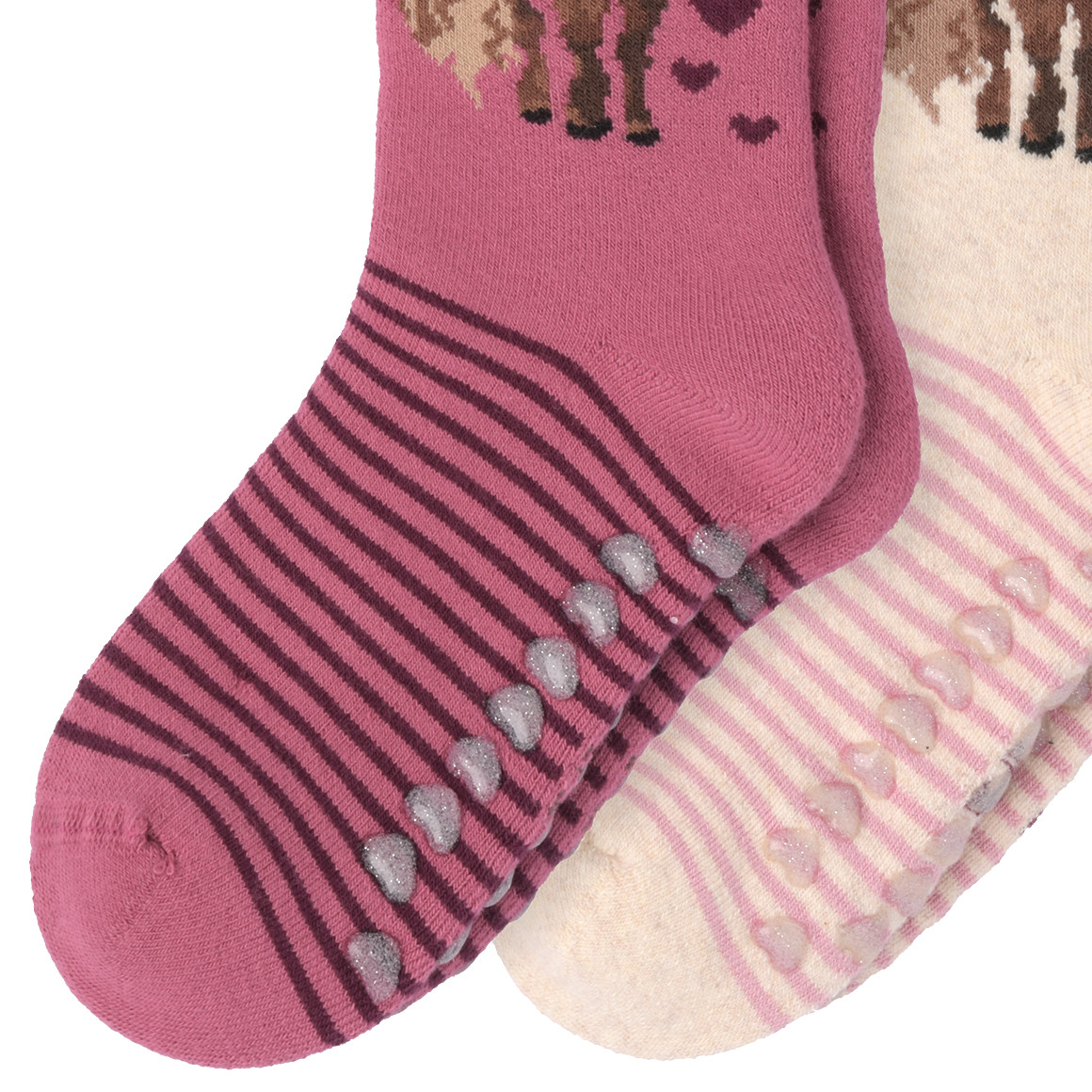 2 Paar Mädchen Stoppersocken mit Pferde-Motiv creme / rosa