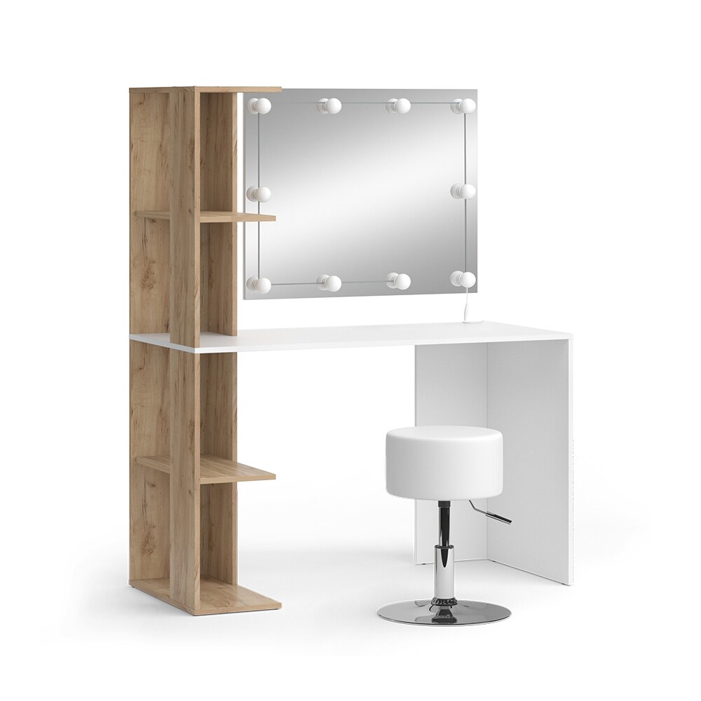 Vicco Schminktisch Tower Weiß Sonoma 122 x 55 cm mit Beleuchtung und Hocker