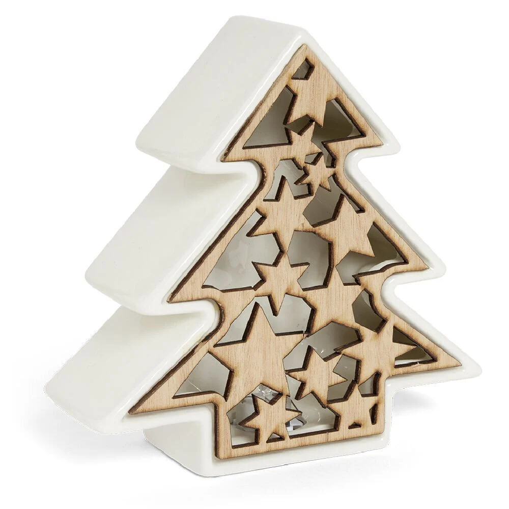 Lampe LED Noël céramique et bois 17x5,5x17cm