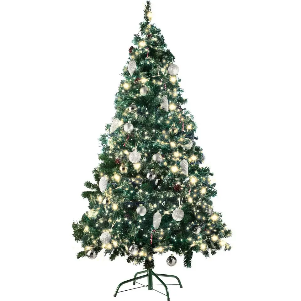 tectake Kunstkerstboom met dennenappels en metalen standaard 180cm, Groen