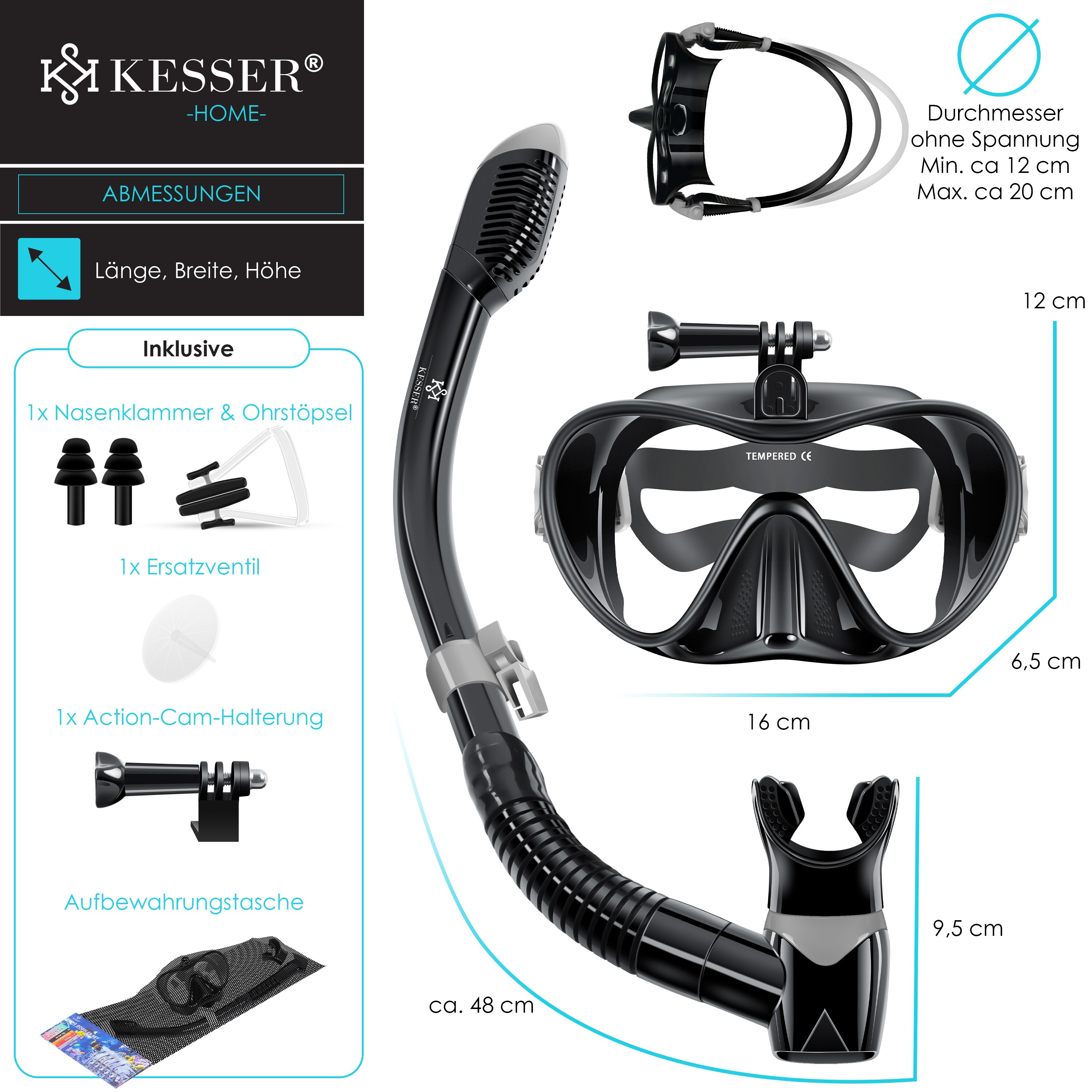 KESSER® Schnorchelset Profi Taucherbrille Schnorchelmaske Tauchset Erwachsene Tauchmaske - Inkl. Action-Cam Halterung - Antibeschlag und Anti-Leck für Freitauchen und Schnorcheln Set Taucherbrille
