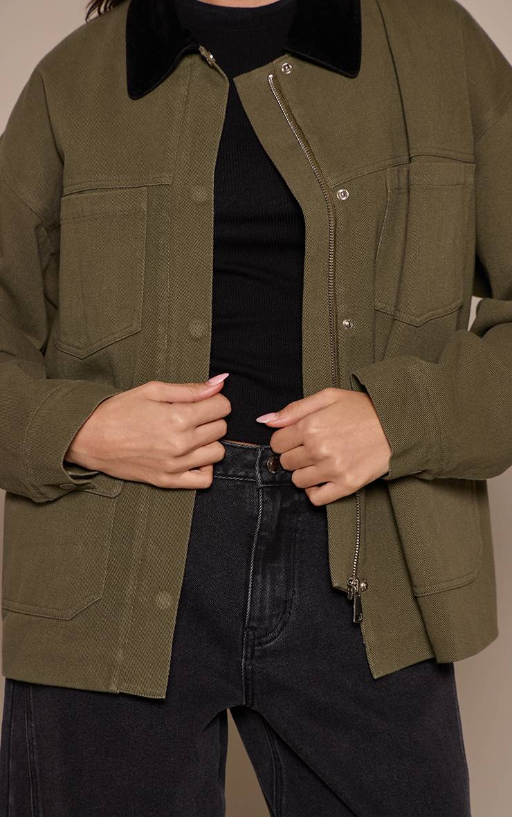 Kaki Veste En Faux Suède Avec Col Contrasté Et Détails De Poches