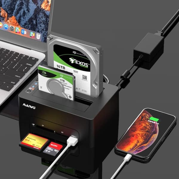 Maiwo K3082CR USB C 3.1 Gen1 5Gbps Docking Station, 2 SATA HDD SDD 14TB med støtte for beasp, støtte til Sataii 6Gbps, kloning, kortleser, USB-hub