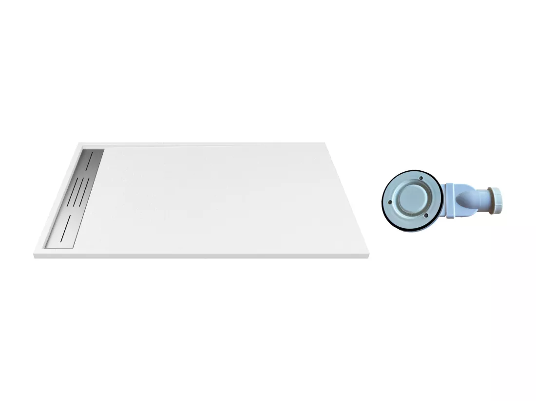 Receveur extra-plat à poser ou à encastrer découpable en résine SMC avec siphon - Blanc - 160 x 90 cm - LYROSA