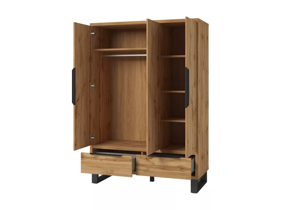 Chambre compléte style industriel collection MILOS : armoire 3 portes, lit 140x200, commode, chevets, chêne brut et noir