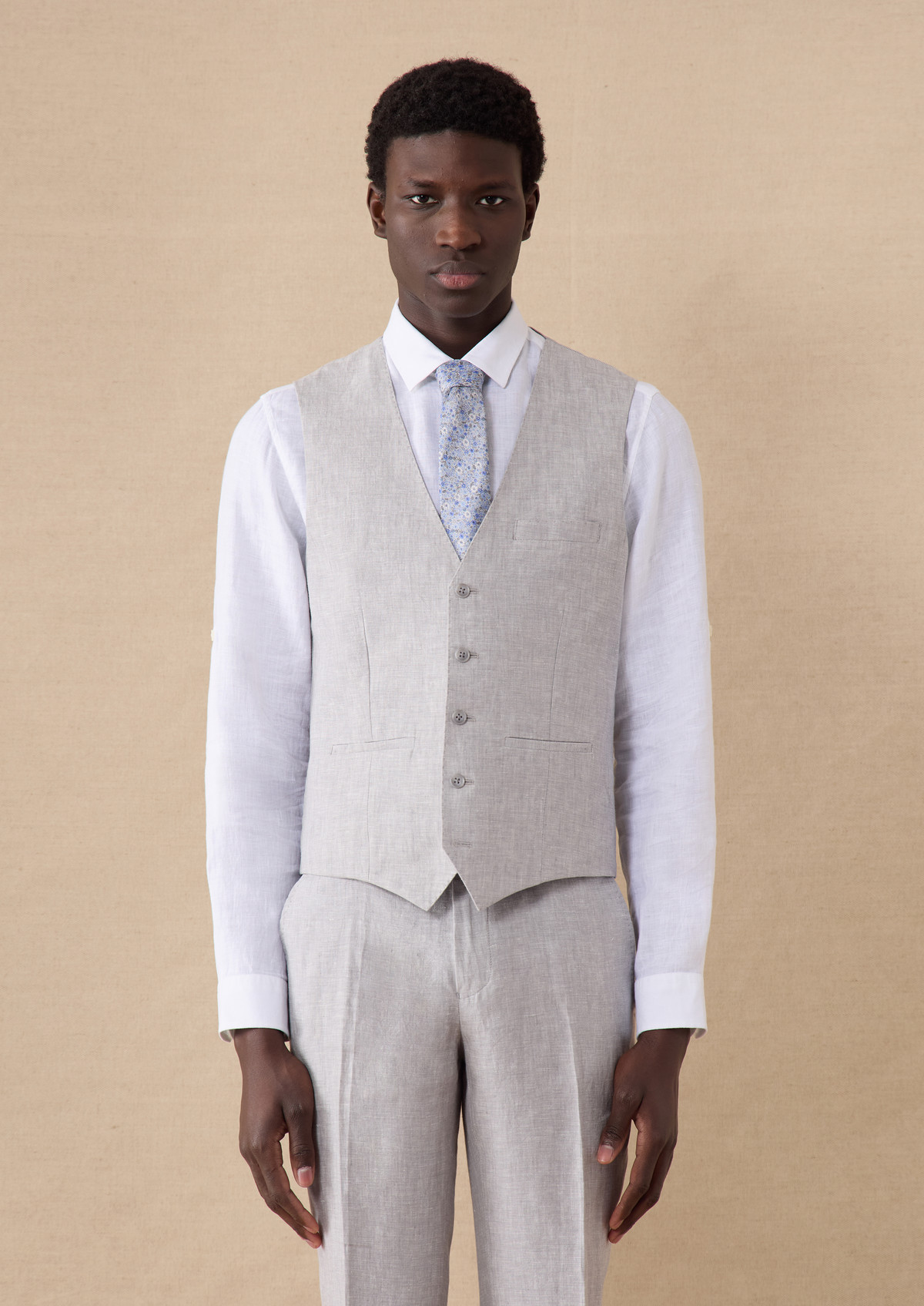 Gilet casual en lin uni gris perle