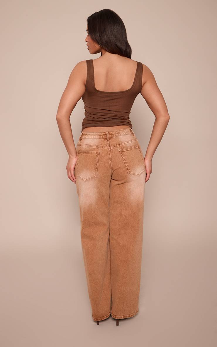 Washed Brown Jean Droit Taille Haute Stretch Coupe Sablier