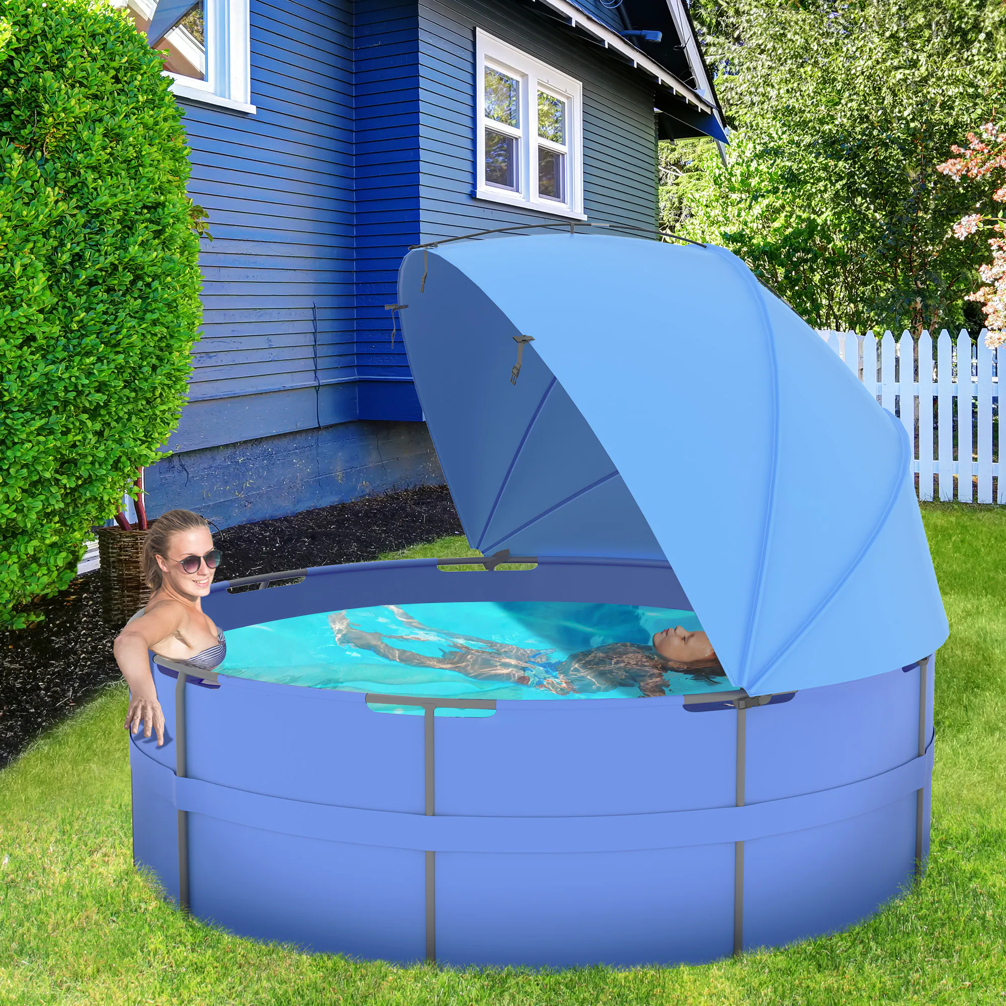 Outsunny Pool Sonnenschutzdach mit einer Tragetasche blau 300L x 150B x 120H cm