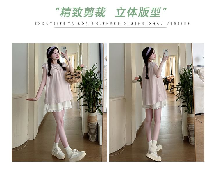 matteira - Zwangerschapsblouse met ronde hals, kapmouwen, strikaccent en ruches / Wijde shorts met hoge taille en kantafwerking