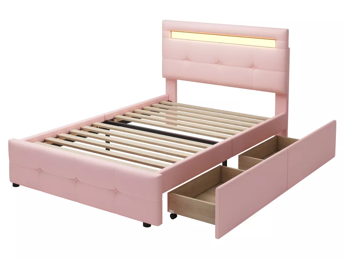 Lit simple 90x200cm en tissu de lin avec LED et 2 tiroirs - Rose