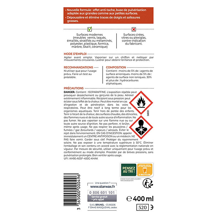 Aérosol nettoyant dépoussiérant brillant Starwax 400ml