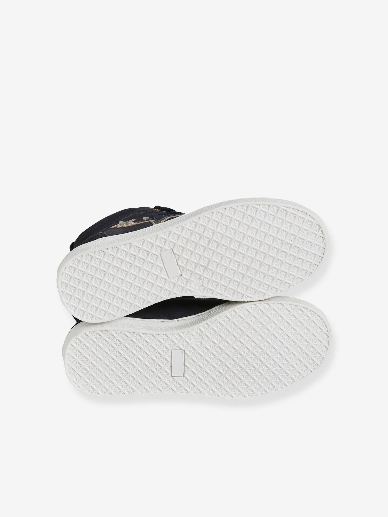 Tênis de cano médio em couro com cadarço e zíper, azul escuro liso com detalhes, para meninas.
