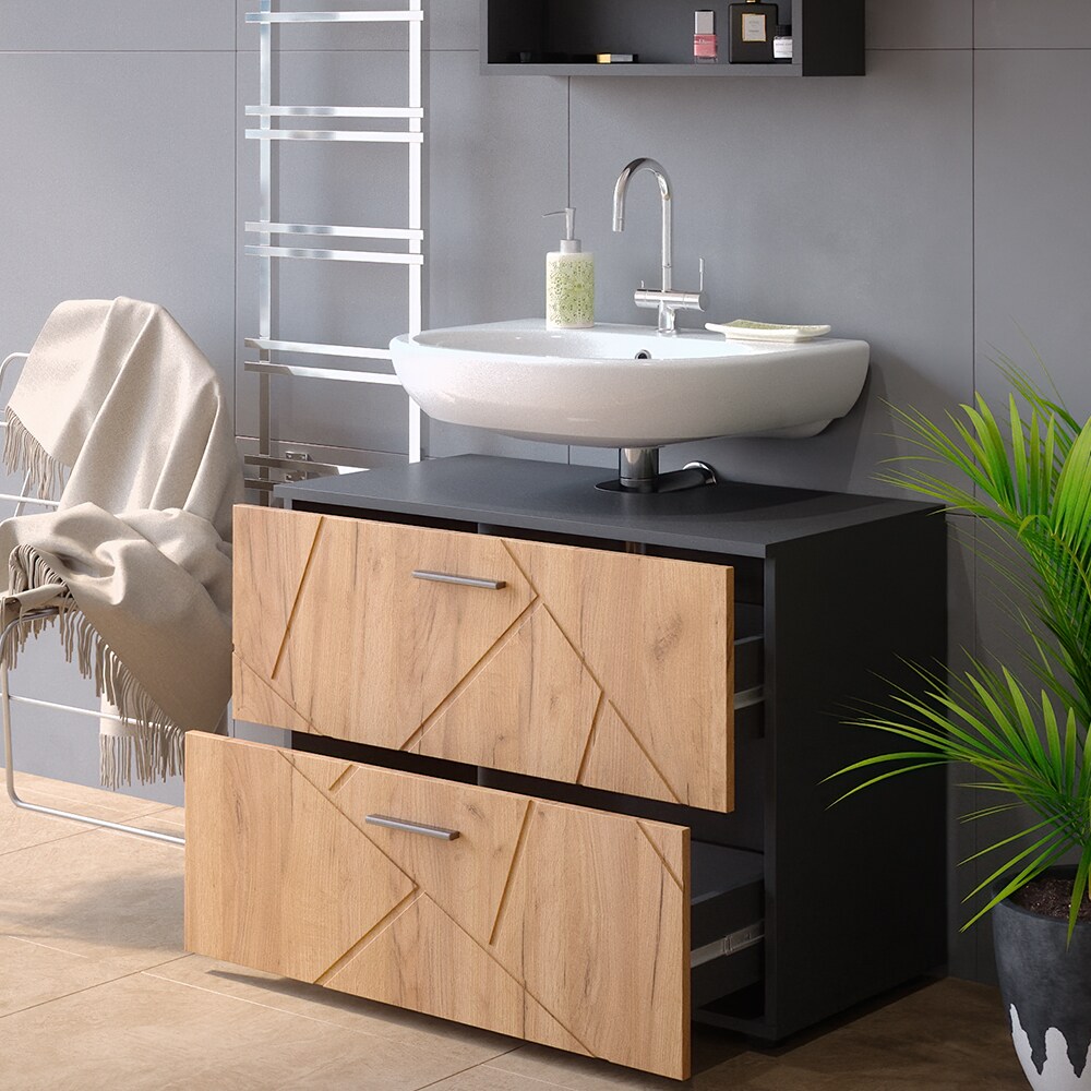 Vicco Waschtischunterschrank Badschrank Badezimmerschrank Irma Anthrazit Eiche 80 cm Hochglanz