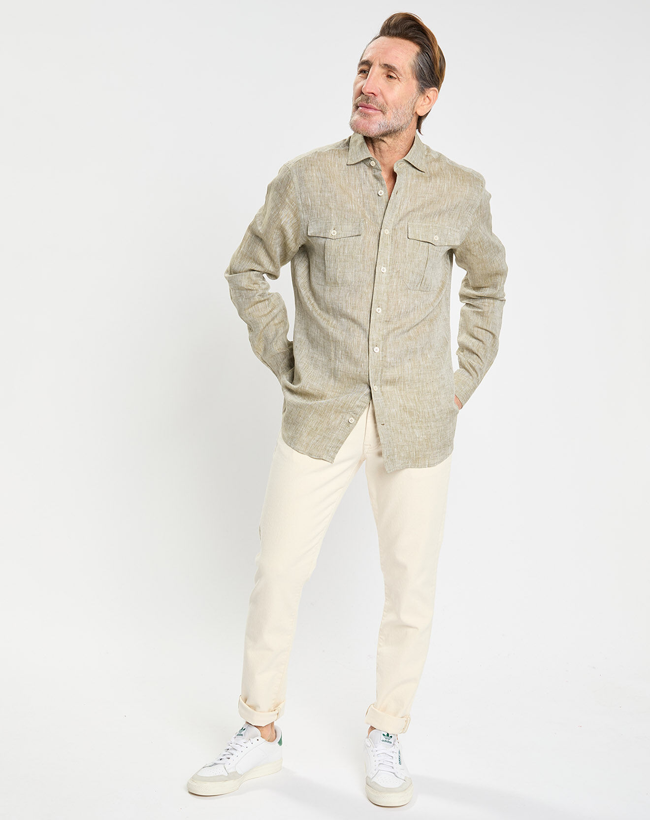 Hackett London Chemise 100% Lin Slim Fit double poche kaki clair