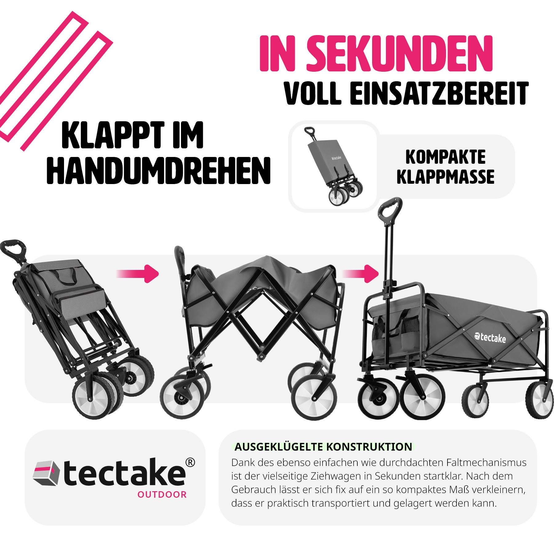 tectake® Bollerwagen, faltbar, abnehmbarer Stoffeinsatz mit 2 Netztaschen, inklusive Tragetasche, Belastbarkeit 80 kg
