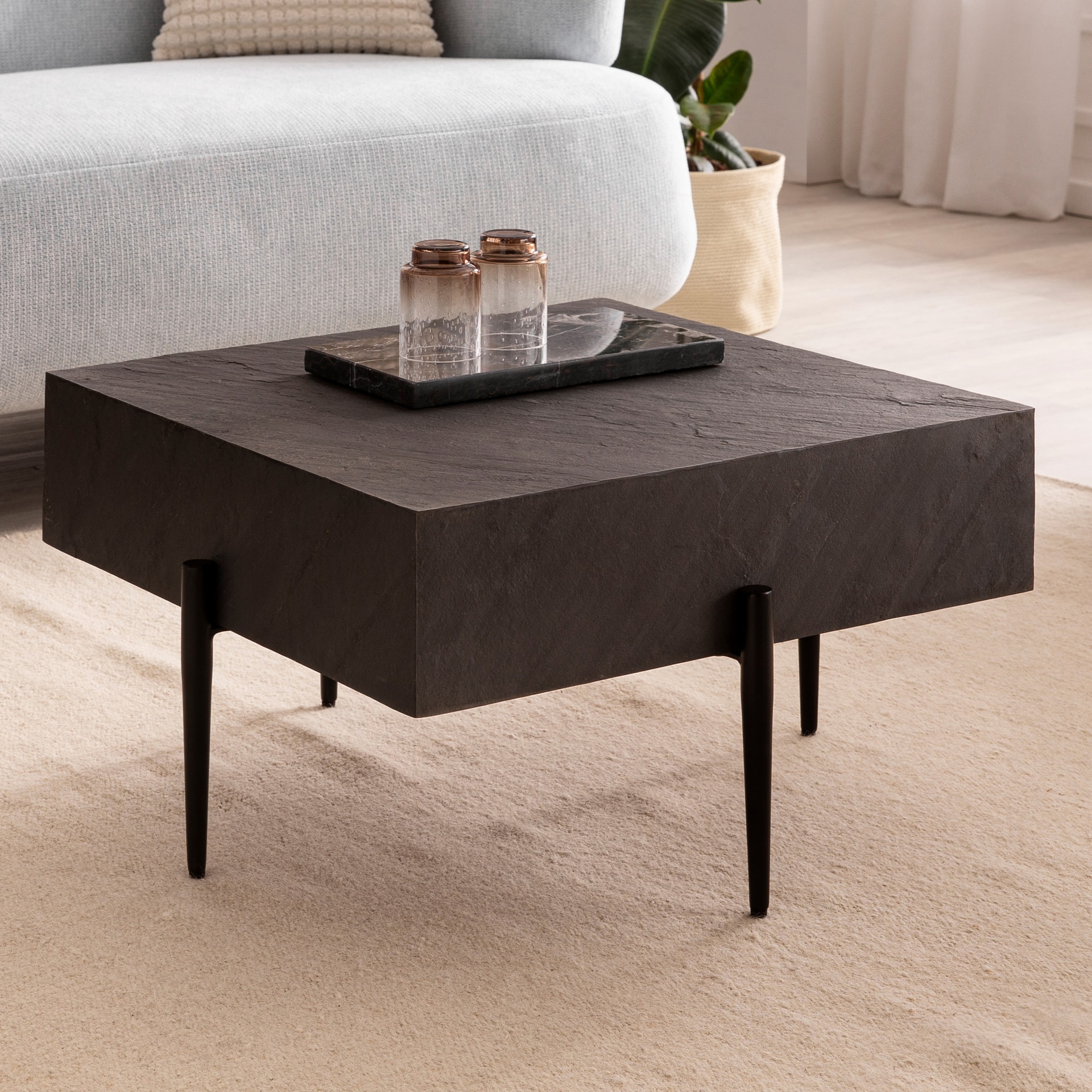 Couchtisch 64x35x64 cm 3D-Steinoptik/Metall Anthrazit/schwarz