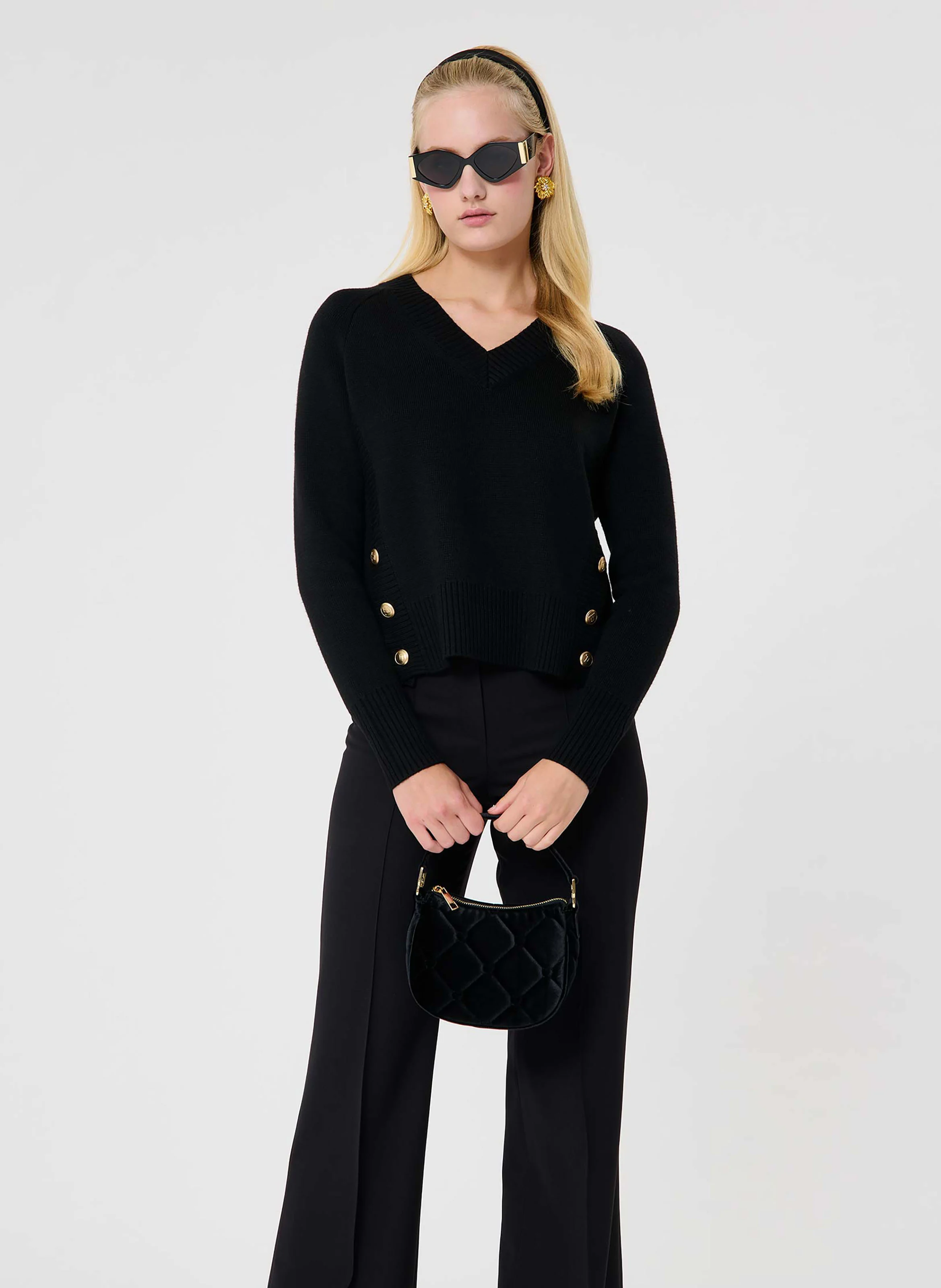 PROMESSE - Pull ample boutonné en maille| Noir