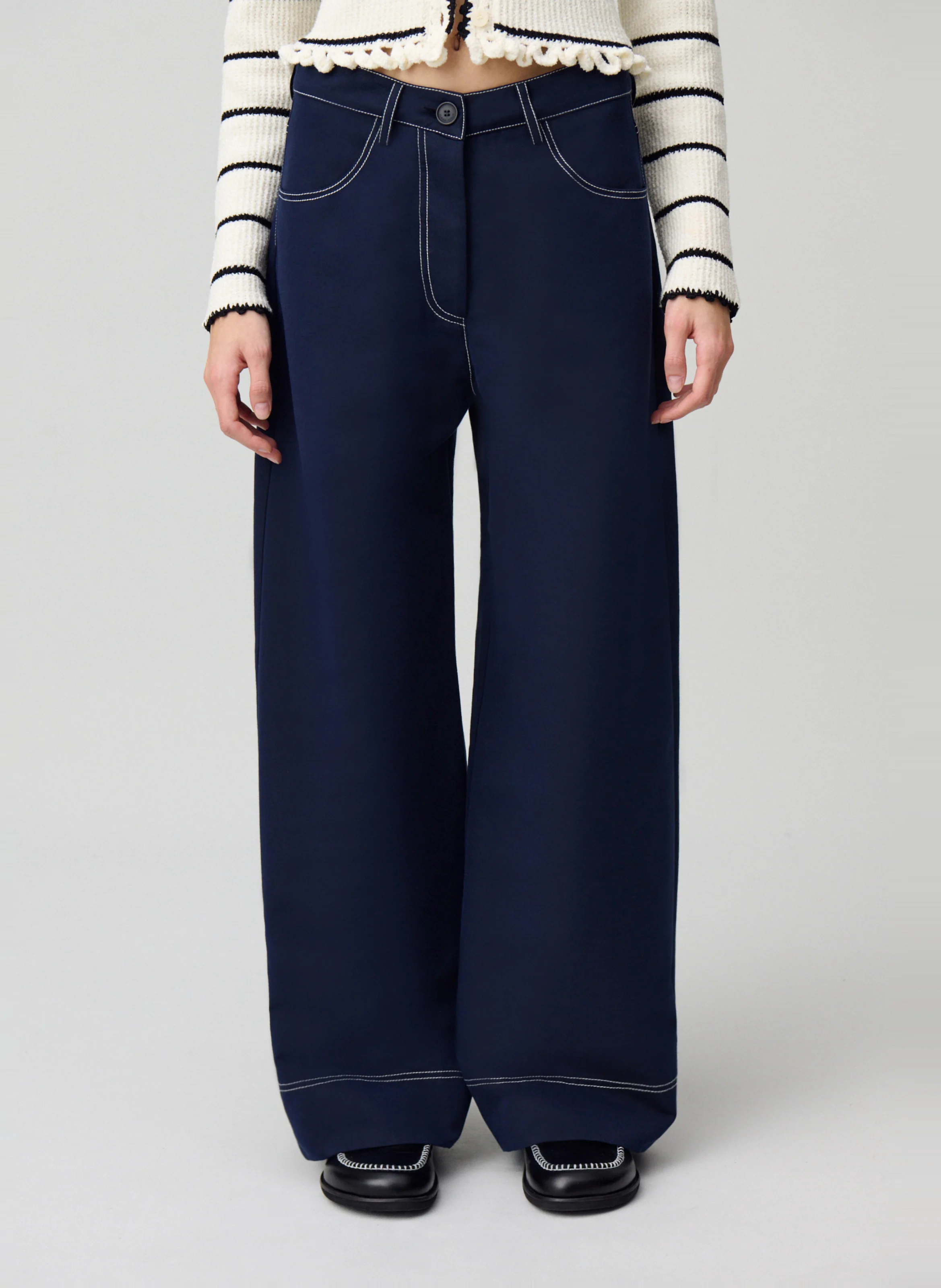 Pantalon large à ourlets en coton mélangé | Bleu