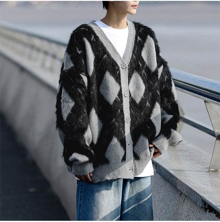 Whyessa - V-hals Argyle Fluffy Cardigan
