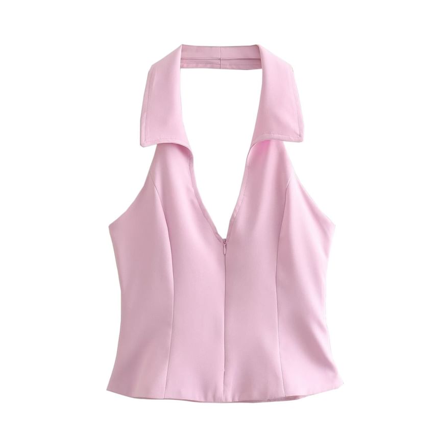 Sensarra - Halterkraag V-hals Effen Top met Rits / Mid Rise Mini Skort / Set