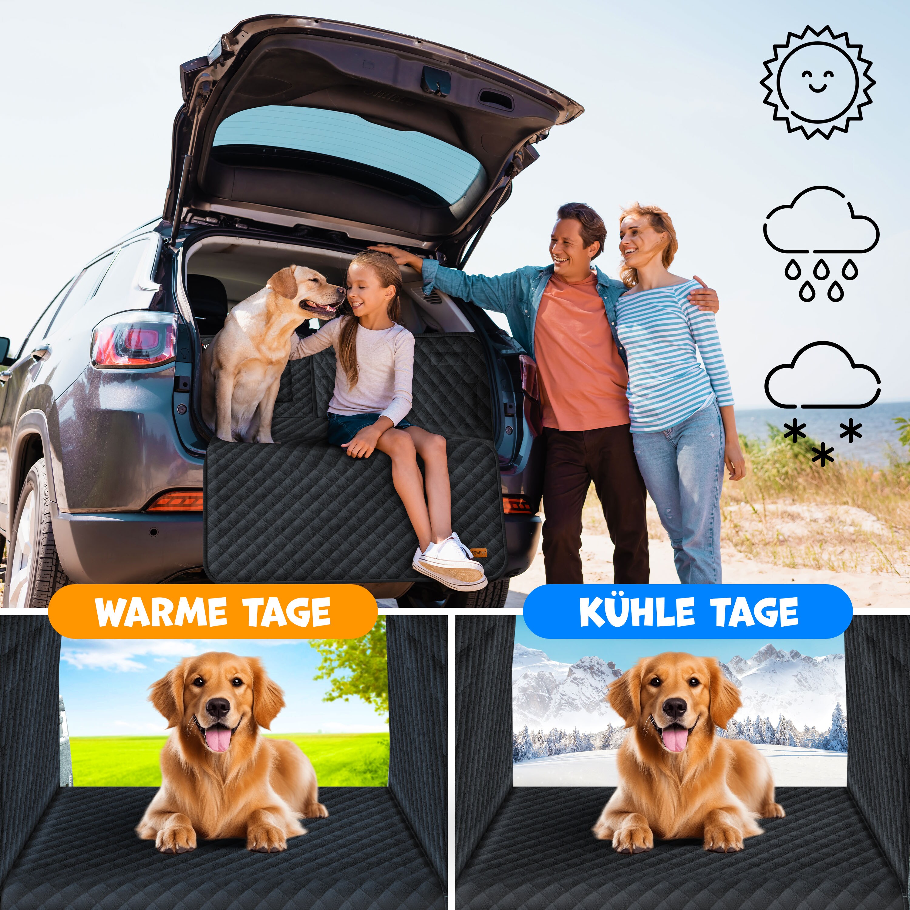 LOVPET® Kofferraumschutz Hund gesteppt mit Seiten- und Ladekantenschutz | Universale Kofferraum-Schutzmatte für Hunde | Hundedecke Wasserabweisend & Kratzfest mit Sicherheitsgurt und Zubehör