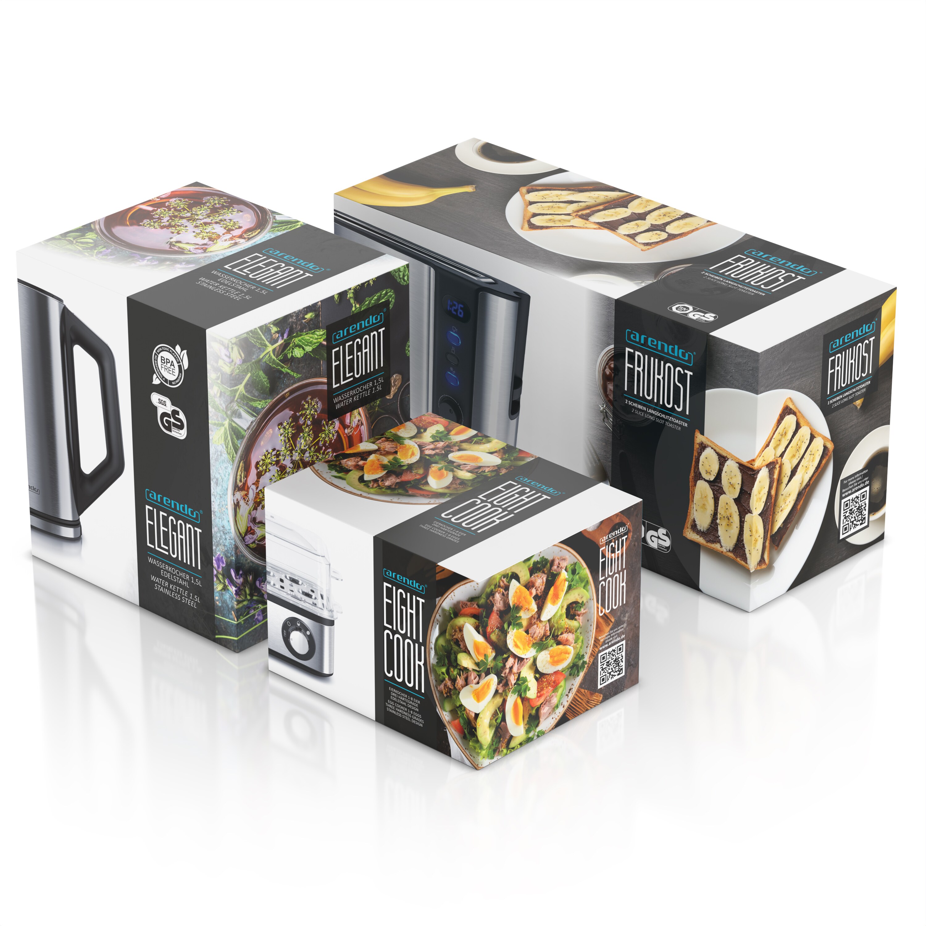Arendo Frühstücks-Set in silber - Wasserkocher / Toaster / Eierkocher