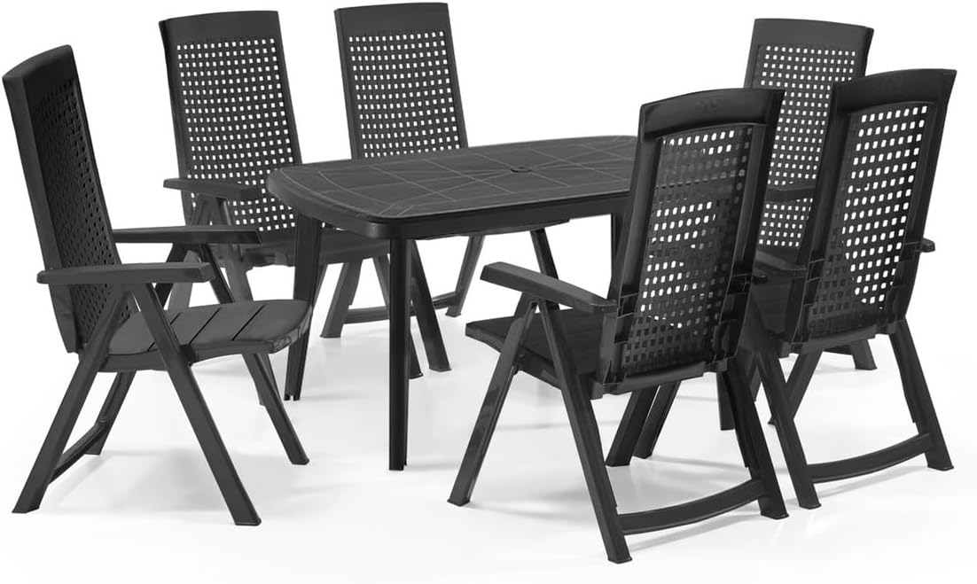 Gartenmöbel Set Tisch und Stühle 7-teilig - Gartentisch mit klappbaren Stühlen aus wetterfestem Kunststoff - Essgruppe Set für Balkon Terrasse und Garten - Gartengarnitur mit Esstisch Anthrazit