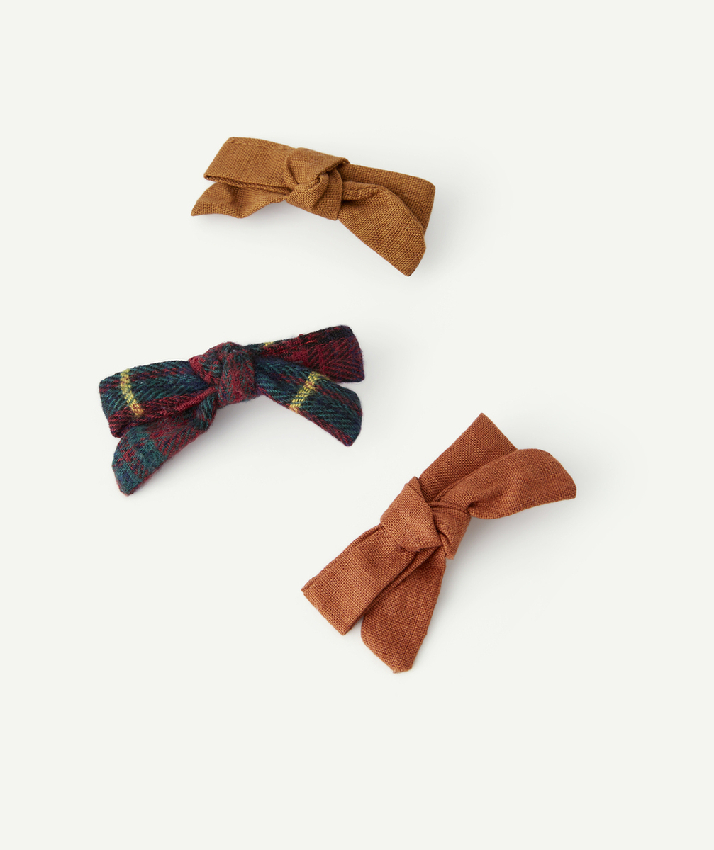 LOT DE 3 BARRETTES FILLE NOEUD MARRON ET IMPRIMÉ TARTAN