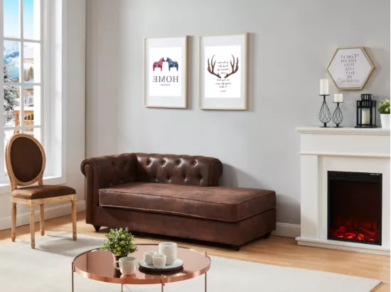 Méridienne droite chesterfield en microfibre aspect cuir vieilli SHIREL