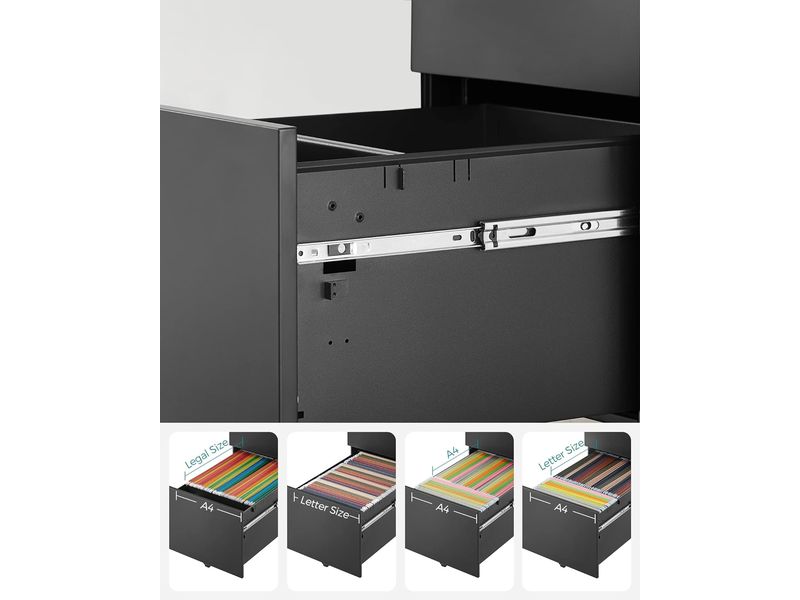 Songmics Rollcontainer, 39.0 x 52.0 x 60.0 cm, Schwarz Rollcontainer mit 3 Schubladen für Dokumente
