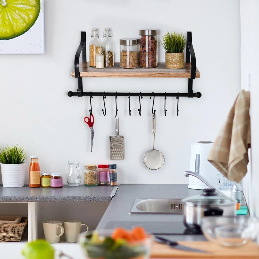 HOMCOM Wandregal mit 8 Haken braun, schwarz