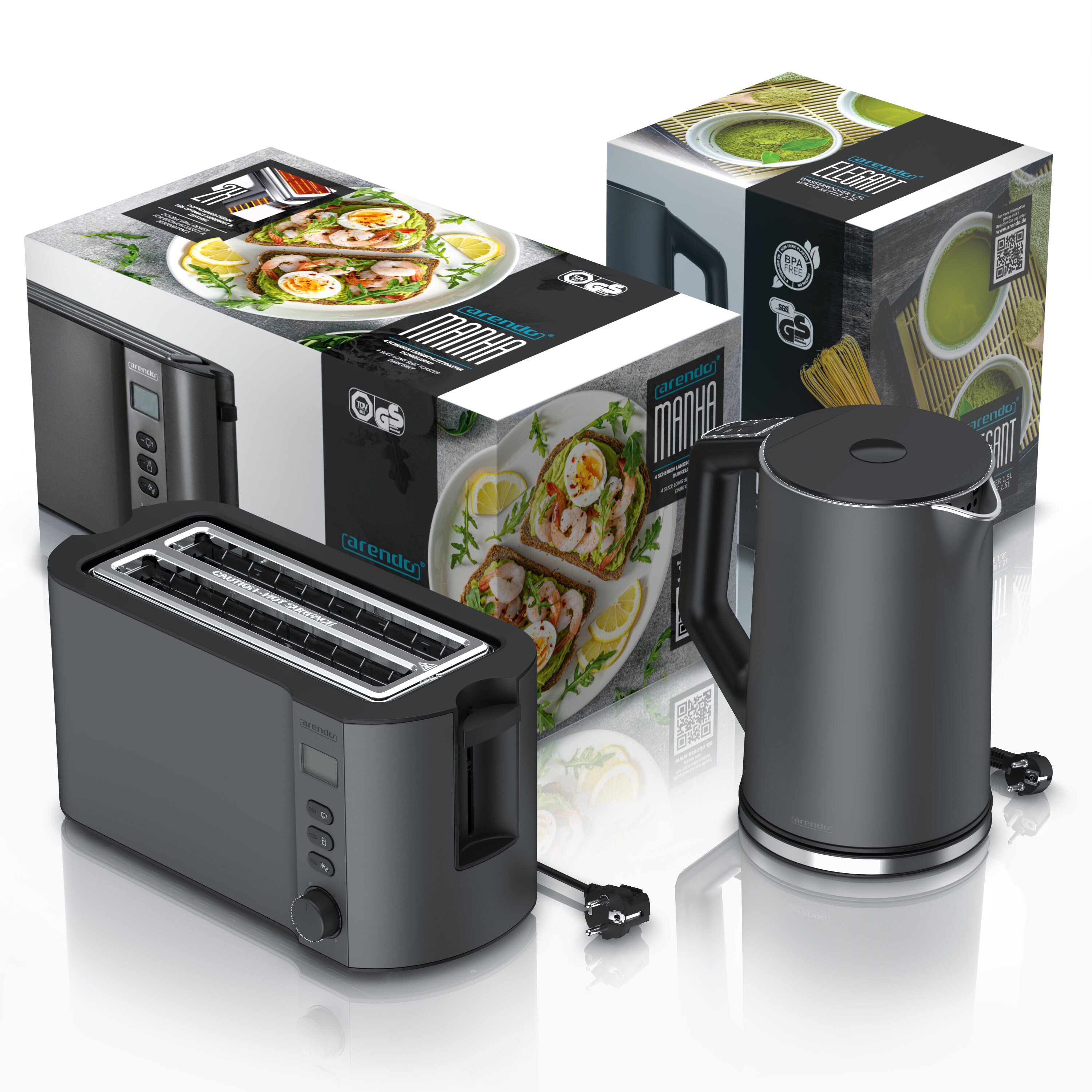 Arendo 2-teiliges Frühstücks-Set, Langschlitztoaster 4 Scheiben & Edelstahl Wasserkocher 1,5L, Grau