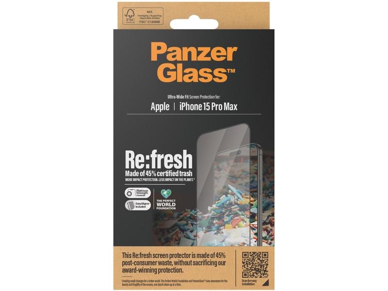 Panzerglass Displayschutz Refresh  iPhone 15 Pro Max Displayschutzfolie mit Applicator und 45% recyceltem Glas für das Apple iPhone 15 Pro Max