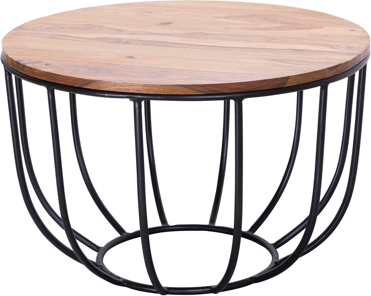 FineBuy Couchtisch Sheesham rund Ø 60 cm – Wohnzimmertisch aus Massivholz mit Metallgestell – Handgefertigter Sofatisch im modernen Industrial Design Braun