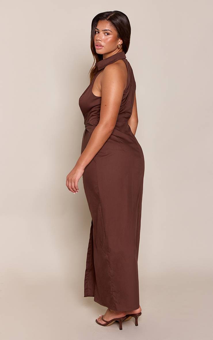 Chocolat Robe Maxi Cintrée Sans Manches À Col Chemise Et Boutonnage