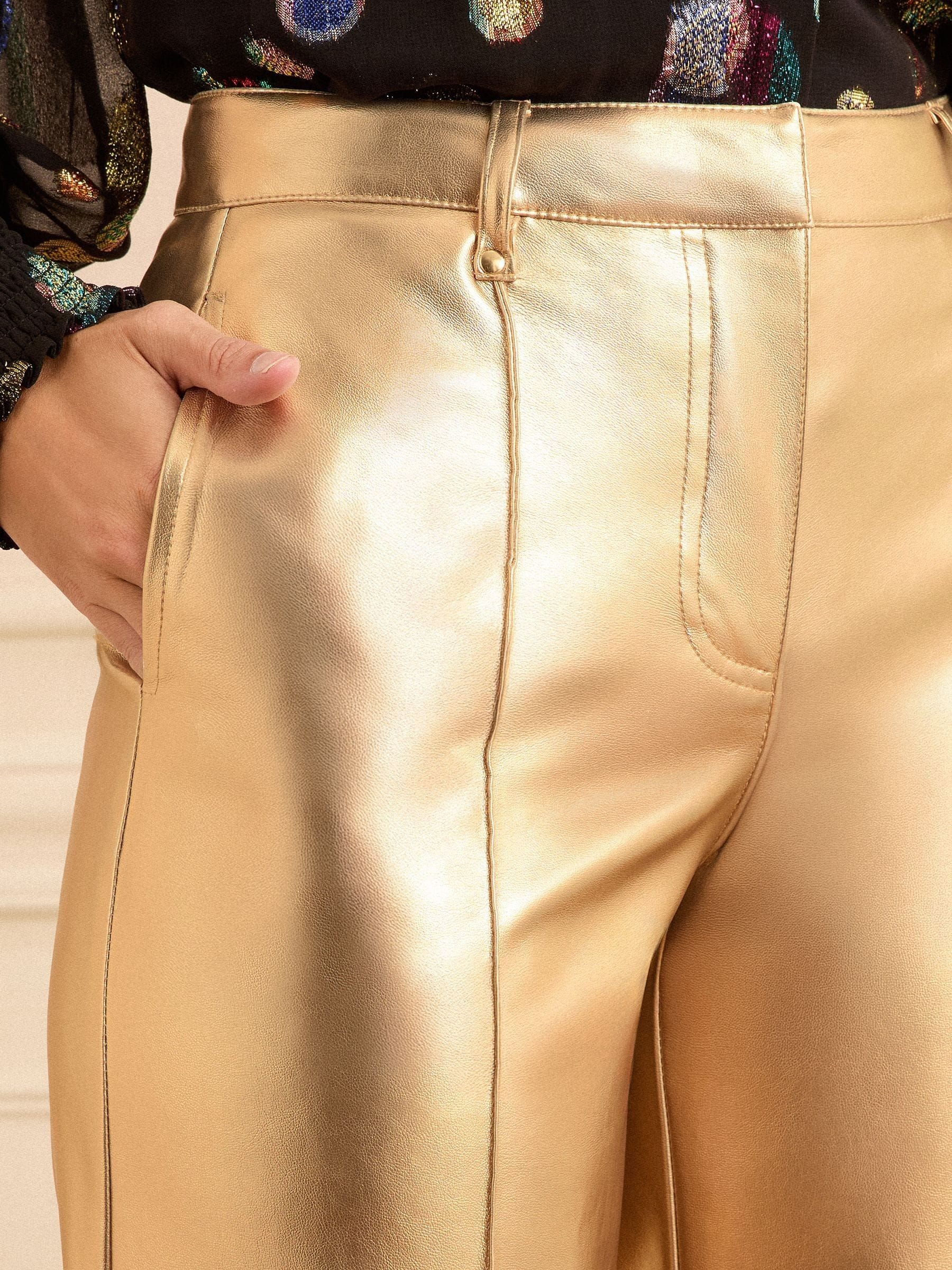 Goud - Love & Roses Faux Leather Wide Crop Trousers