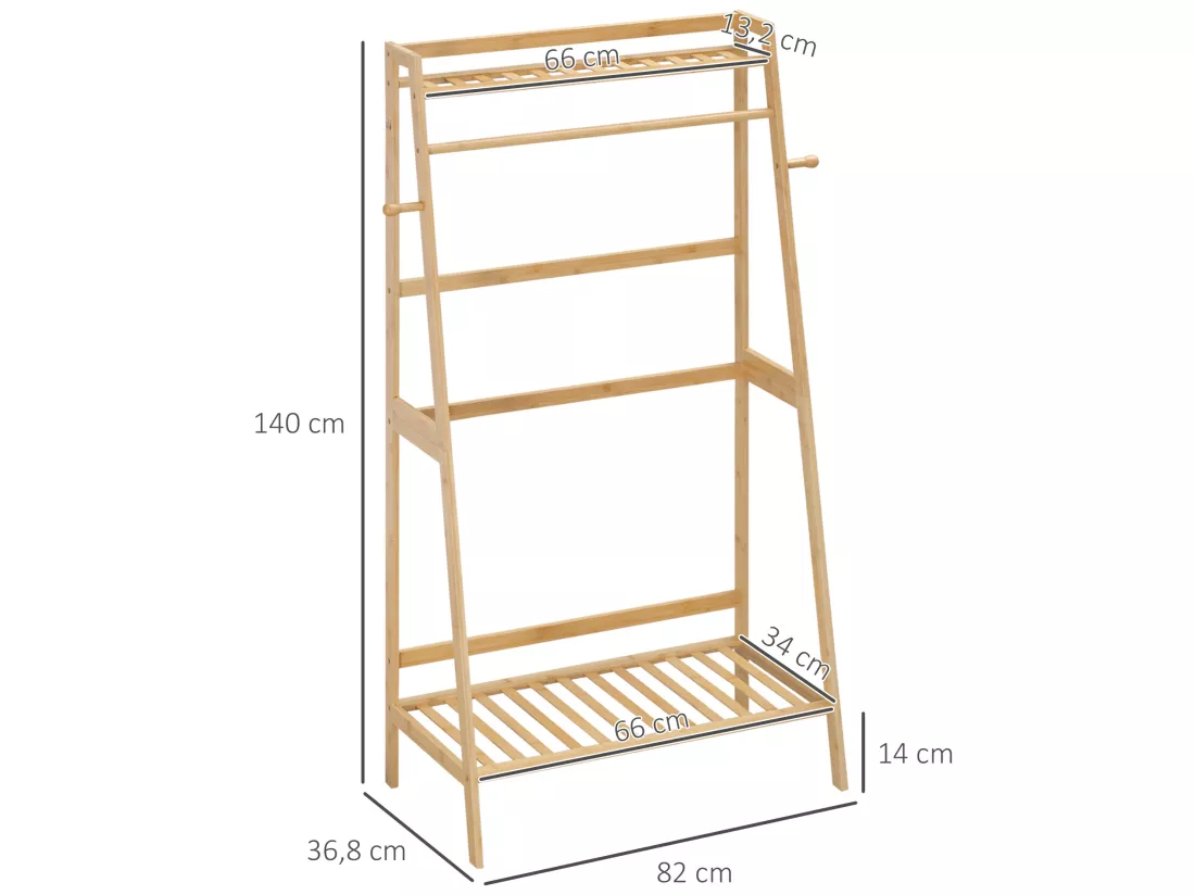 Penderie porte-manteaux - 2 étagères, espace penderie, 2 patères - dim. 82L x 36l x 140H cm - bois bambou