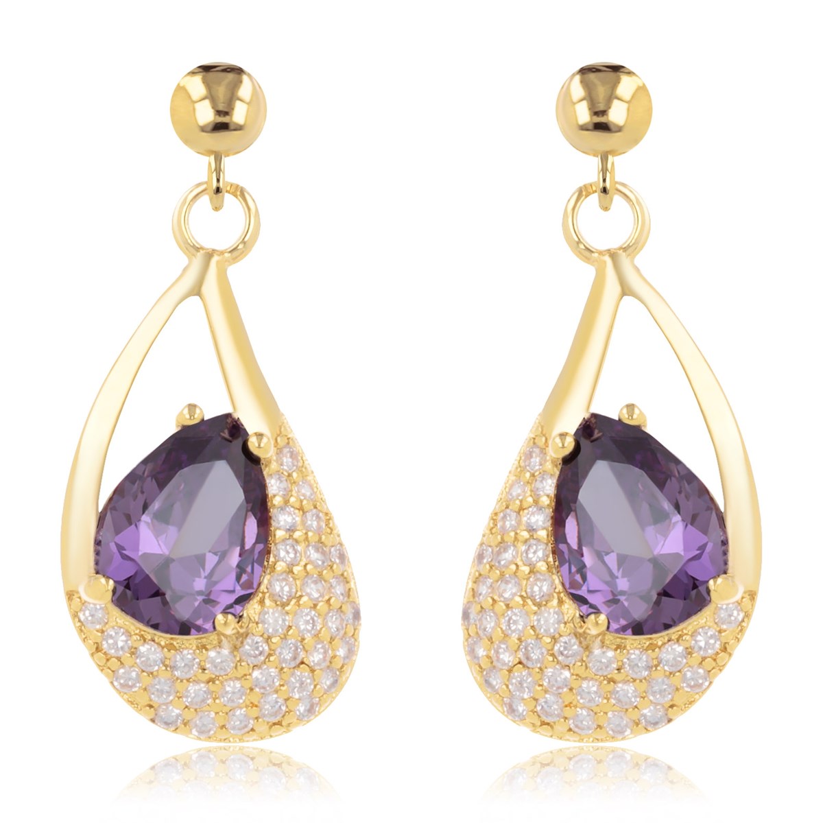 Boucles d'oreilles plaqué or poire avec améthyste et cubic zirconia