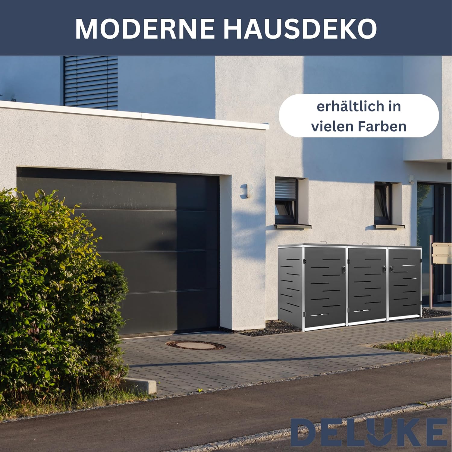 DELUKE 3er Mülltonnenbox JAGU Edelstahl | Anthrazit | 115x207x77,5cm | Mülltonnenverkleidung für 3 Tonnen 240L Müllbox aus Metall Mülltonnenschutz Mülltonnendach