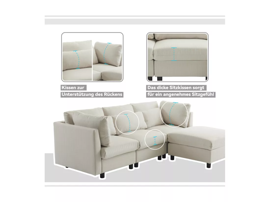Canapé d'angle 3-4 places, meubles rembourrés en forme de L, tissu en lin, 220x83x81cm, beige