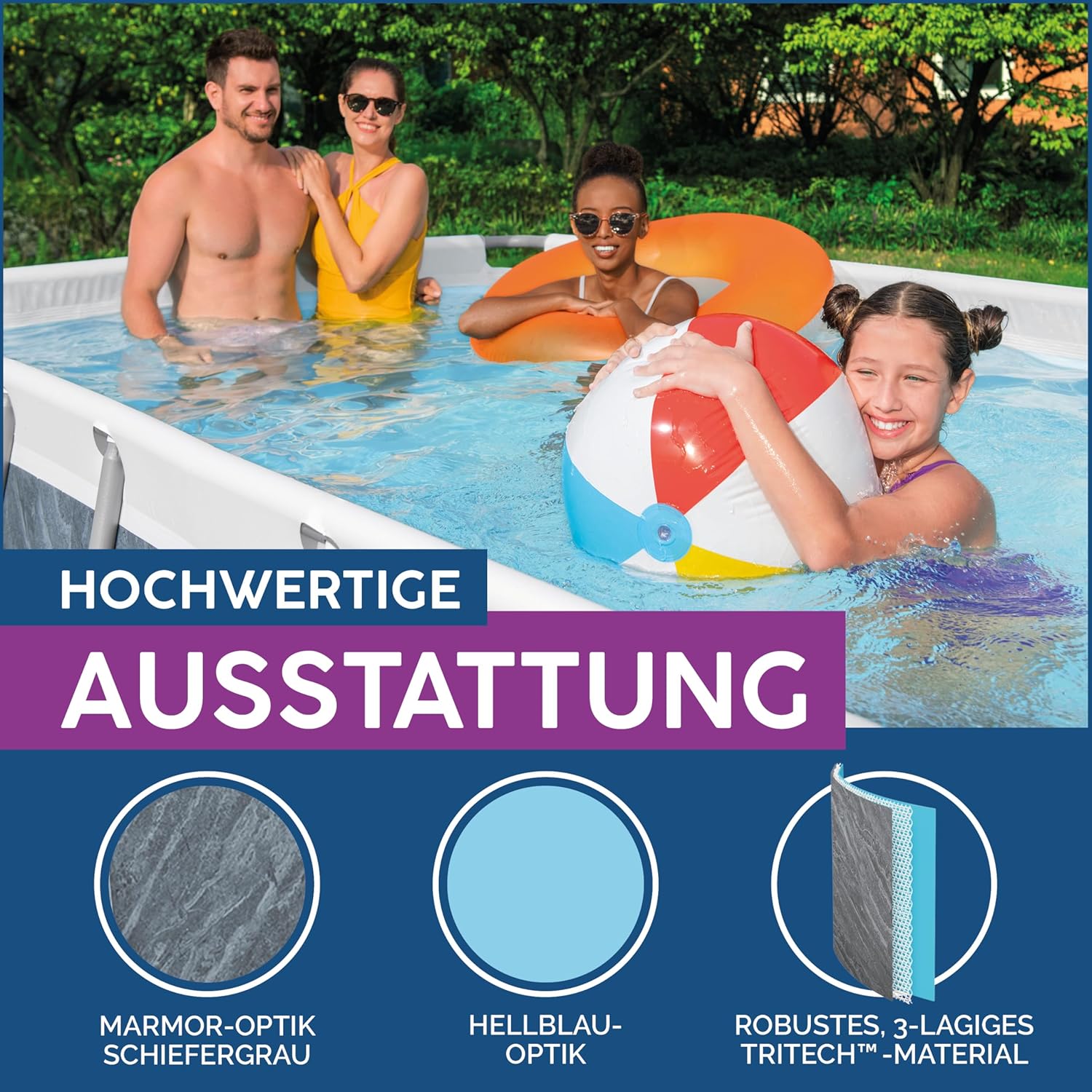 Bestway® Power Steel Ersatz Frame Pool ohne Zubehör 488 x 244 x 122 cm, Marmor-Optik (Schiefergrau), eckig